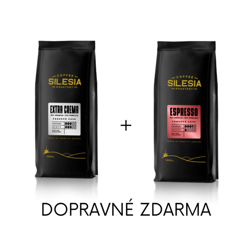 Silesia 1 kg + 1 kg (dopravné zdarma) - První kafe: Silesia ESPRESSO 50% Arabica 50% Robusta, Druhé kafe: Silesia EXTRA CREMA 80% Arabica 20% Robusta