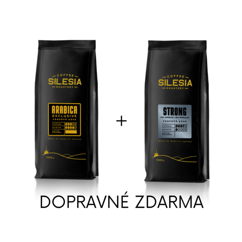 Silesia 1 kg + 1 kg (dopravné zdarma) - První kafe: Silesia STRONG 40% Arabika 60% Robusta, Druhé kafe: Silesia EXKLUSIVE BLEND 100% Arabika