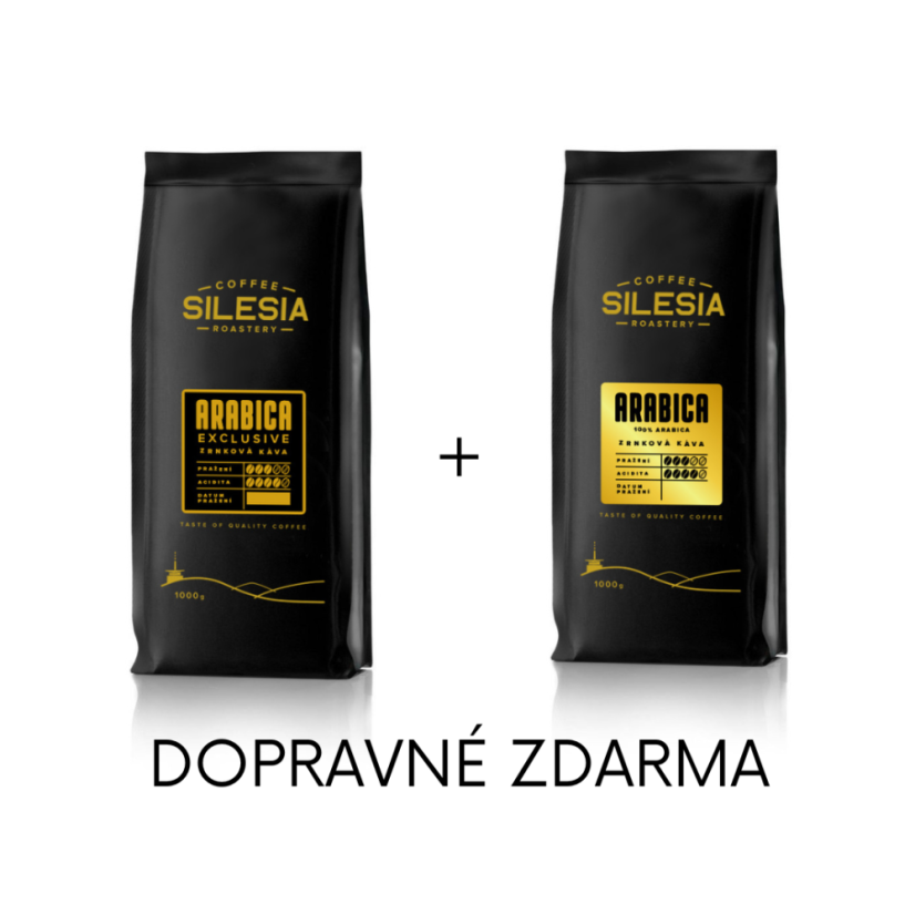 Silesia 1 kg + 1 kg (dopravné zdarma) - První kafe: Silesia EXKLUSIVE BLEND 100% Arabika, Druhé kafe: Silesia ARABICA 100%