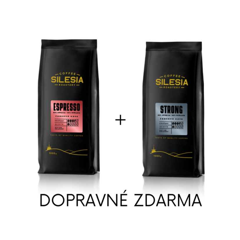 Silesia 1 kg + 1 kg (dopravné zdarma) - První kafe: Silesia STRONG 40% Arabika 60% Robusta, Druhé kafe: Silesia ESPRESSO 50% Arabica 50% Robusta