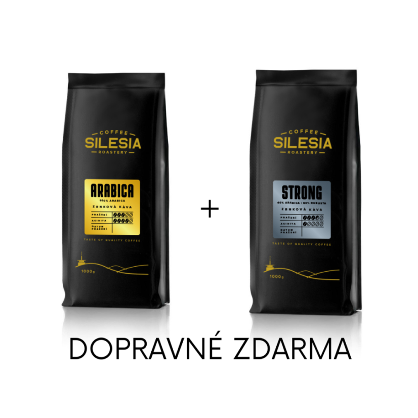 Silesia 1 kg + 1 kg (dopravné zdarma) - První kafe: Silesia STRONG 40% Arabika 60% Robusta, Druhé kafe: Silesia ARABICA 100%