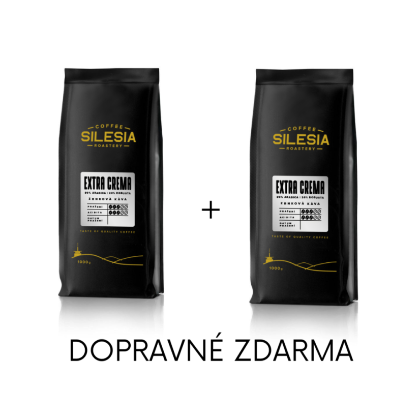 Silesia 1 kg + 1 kg (dopravné zdarma) - První kafe: Silesia EXTRA CREMA 80% Arabica 20% Robusta, Druhé kafe: Silesia EXTRA CREMA 80% Arabica 20% Robusta