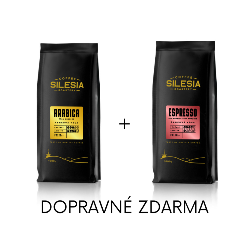 Silesia 1 kg + 1 kg (dopravné zdarma) - První kafe: Silesia ESPRESSO 50% Arabica 50% Robusta, Druhé kafe: Silesia ARABICA 100%