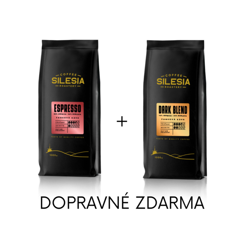 Silesia 1 kg + 1 kg (dopravné zdarma) - První kafe: Silesia ESPRESSO 50% Arabica 50% Robusta, Druhé kafe: Silesia DARK BLEND 70% Arabika 30% Robusta