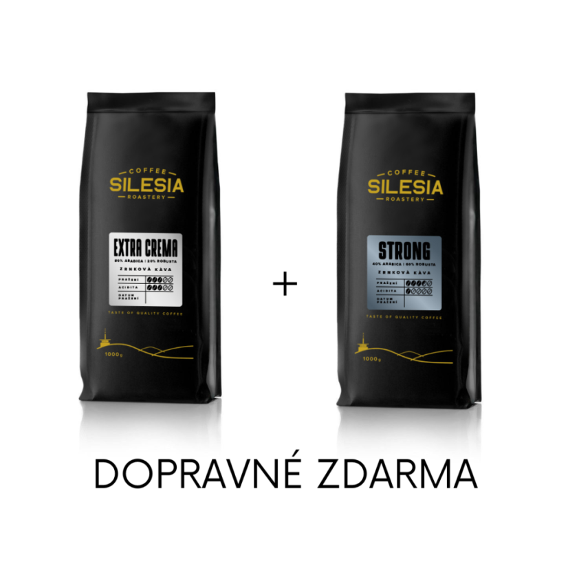 Silesia 1 kg + 1 kg (dopravné zdarma) - První kafe: Silesia STRONG 40% Arabika 60% Robusta, Druhé kafe: Silesia EXTRA CREMA 80% Arabica 20% Robusta