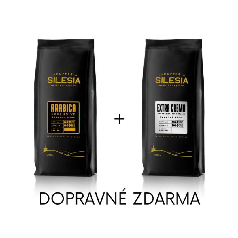 Silesia 1 kg + 1 kg (dopravné zdarma) - První kafe: Silesia EXTRA CREMA 80% Arabica 20% Robusta, Druhé kafe: Silesia EXKLUSIVE BLEND 100% Arabika