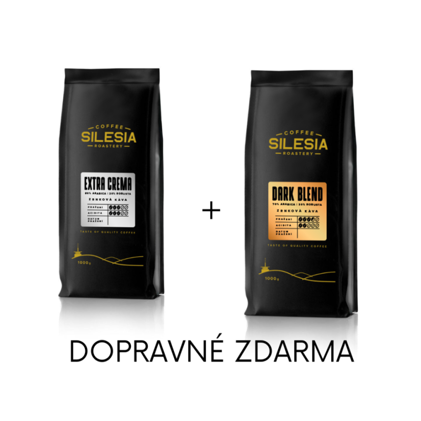 Silesia 1 kg + 1 kg (dopravné zdarma) - První kafe: Silesia EXTRA CREMA 80% Arabica 20% Robusta, Druhé kafe: Silesia DARK BLEND 70% Arabika 30% Robusta
