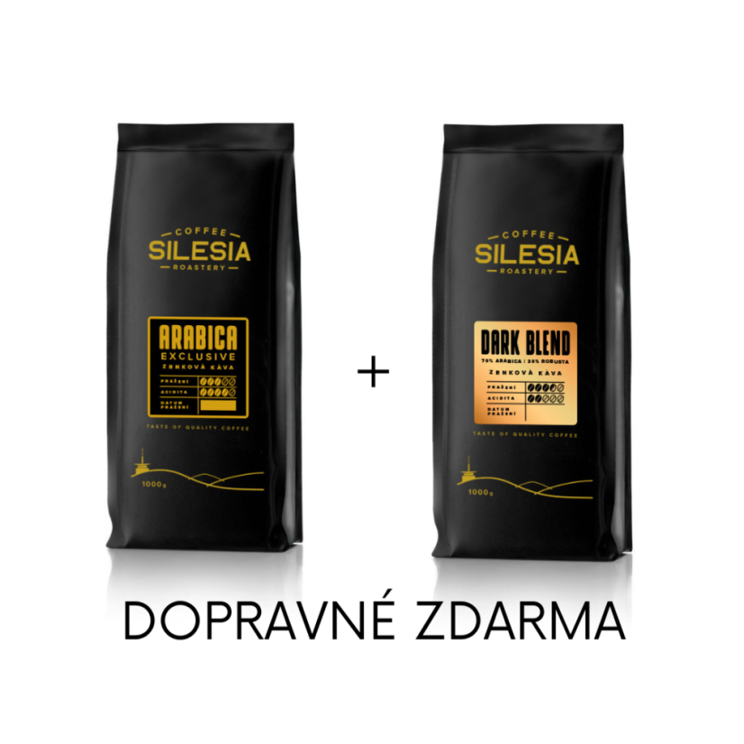 Silesia 1 kg + 1 kg (dopravné zdarma) - První kafe: Silesia DARK BLEND 70% Arabika 30% Robusta, Druhé kafe: Silesia EXKLUSIVE BLEND 100% Arabika